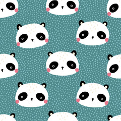 Panda bear with polka dots. Seamless pattern with cute animals faces. Childish print for nursery in a Scandinavian style. For baby clothes, packaging. Vector cartoon illustration in pastel colors.