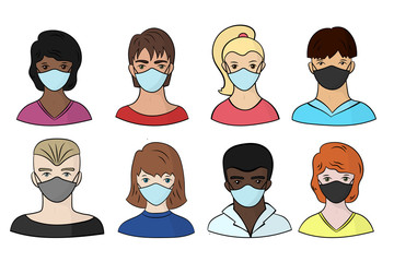 Vector set of people in medical masks. Stop coronavirus