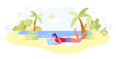 Fototapeta na wymiar Girl Blogger Rest on Tropical Beach with Laptop.