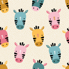 Zebra with polka dots. Seamless pattern with cute animals faces. Childish print for nursery in Scandinavian style. For baby clothes, interior, packaging. Vector cartoon illustration in pastel colors.