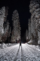Man standing on snow covered road at night