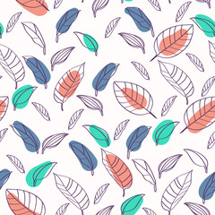 Lemon tree leaves in deep purple, faded blue, coral and green colors. Seamless pattern on white background. Can be used for websites, banners, prints, cards, decorations, covers, fabrics, wrappings.