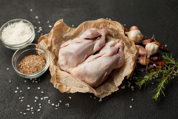 Raw partridge meat on kitchen, cooking gourmet wild bird. Healthy diet recipe.