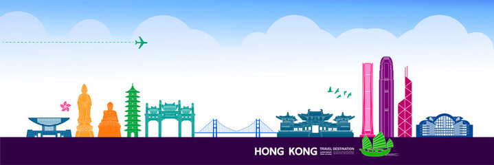Fototapeta premium Hong Kong travel destination grand vector illustration. 
