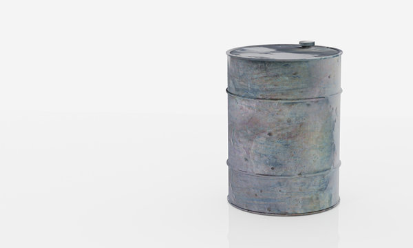 Oil barrel with rusty, leaking oil drum. Isolated on white background. 3D Rendering