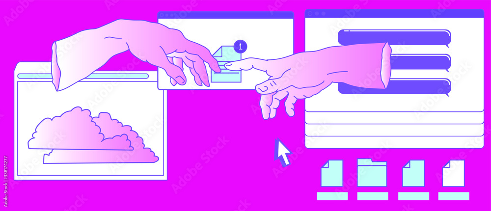 Poster Surreal vaporwave style collage with two hands going to touch together and user interface elements, frames, file icons and windows.