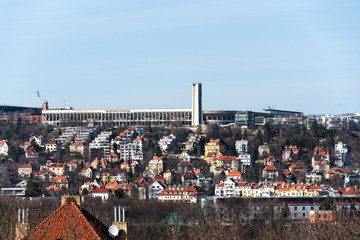 The Great Strahov Stadium with metro vent in foreground on sunny day, Prague, Czech Republic