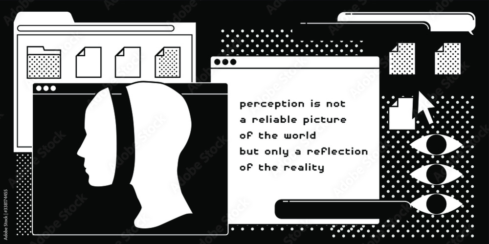 Poster Surreal vaporwave style collage with head splitted in two parts and user interface elements, frames, file icons. Transgressive conceptual modern art.