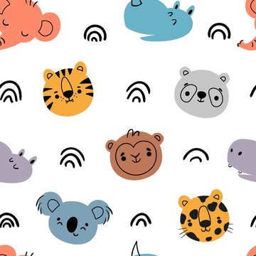 Seamless pattern with cute wild jungle  animal. Funny face. Tropical pattern with  tiger,  monkey, hippo, panda, leopard, rhinoceros, elephant. African safari . Kids print. Cartoon vector illustration