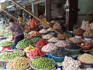 typical vietnam market, many food baskets