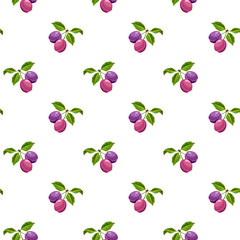 Vector seamless pattern with branches of plums on a white background.