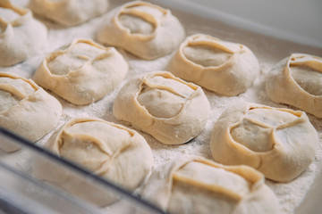 Khinkali with meat and potatoes, dumplings, manti, homemade food recipe