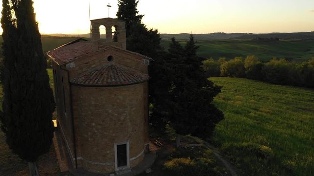 Capella Di Vitaleta in Tuscany. Aerial View. Tuscany Landscape
