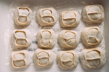 Khinkali with meat and potatoes, dumplings, manti, homemade food recipe