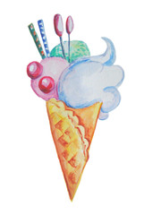 Ice cream, hand drawn watercolor illustration, isolated on white.