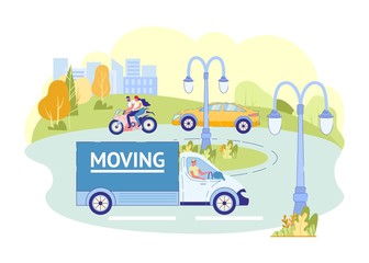 Fototapeta premium Truck With Words Moving Rides Around City, Slide.