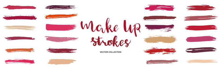 Swatches brush strokes makeup. Isolater Lipstick strokes for color presentation. Beauty collection swatches. Cosmetic nude brush stains smear make up lines set. Vector illustration - obrazy, fototapety, plakaty