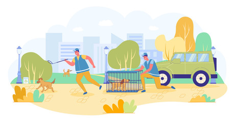 Shelter Workers Catch Stray Dogs in City Park.