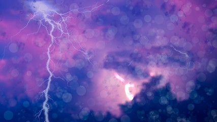 Electric discharge in sky background with lightning from half transparent clouds on purple blue color  illustration