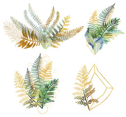 Collection of hand drawn sunny fern branches and watercolor crystals, isolated bouquets and compositions on white background, golden and green leaves of tropical plants
