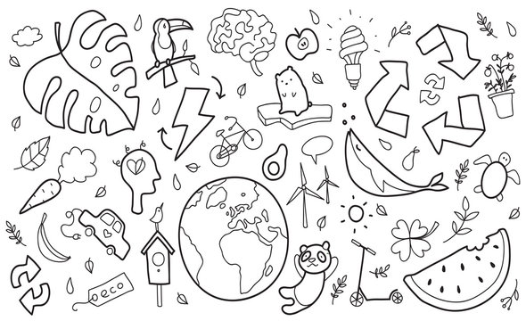 Hand drawn vector illustration of a set of ecology concepts, designs, and icons in doodle style.