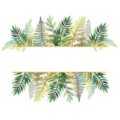 Golden frame border with hand drawn green and golden tropical fern leaves on white background, wedding or other holiday design