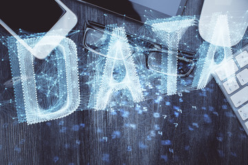 Multi exposure of technology theme drawing over work table desktop. Top view. Global data analysis...