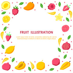 Fruits vector illustration. Cooking ingredients with text space. Cooking courses poster concept with copyspace. Recipe cartoon template. Style summer cafe menu, banner, cookbook page