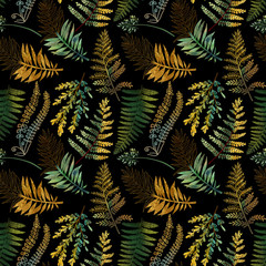 Fototapeta na wymiar Seamless pattern with hand drawn green and golden fern branches and leaves on dark background, tropical forest plants background