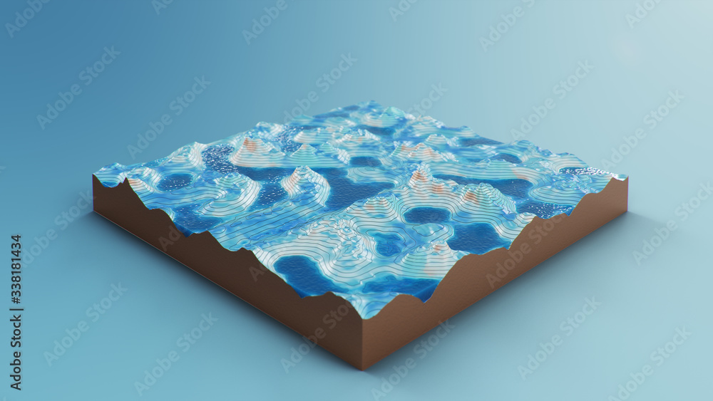 Poster cross section topographic 3d map with water. contour lines on a topographic map. studying the geogra