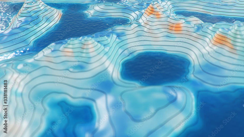 Poster topographic 3d map with water. contour lines on a topographic map. studying the geography of the are