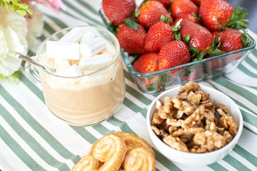 breakfast, dessert, strawberries, coffee and walnut