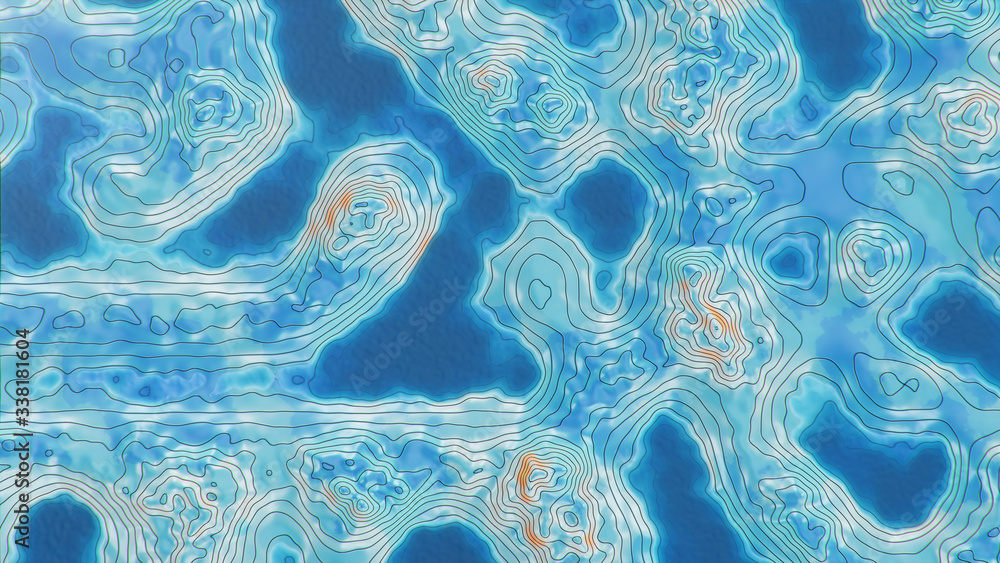 Poster topographic 3d map with water. contour lines on a topographic map. studying the geography of the are