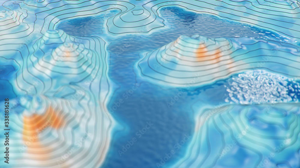 Poster topographic 3d map with water. contour lines on a topographic map. studying the geography of the are