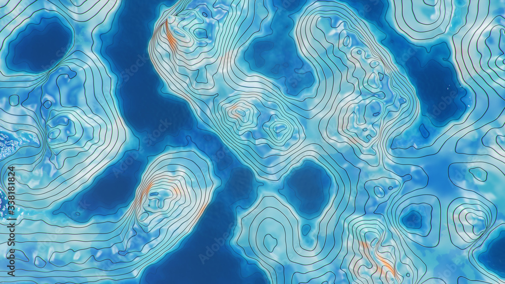 Poster topographic 3d map with water. contour lines on a topographic map. studying the geography of the are