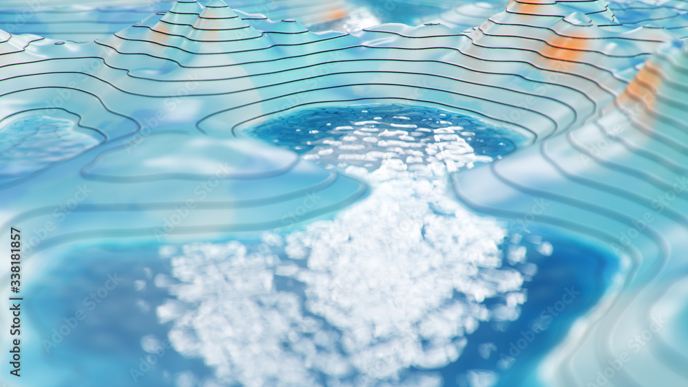 Poster topographic 3d map with water. contour lines on a topographic map. studying the geography of the are