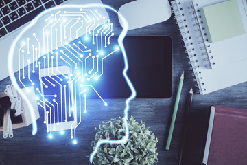 Multi exposure of brain drawing over work table desktop. Top view. Global data analysis concept.