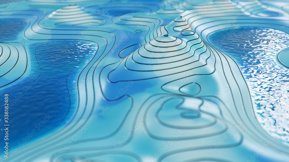 Poster topographic 3d map with water. contour lines on a topographic map. studying the geography of the are