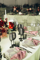 Wedding table decoration luxury style in mint colors with flowers