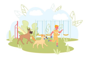 Obraz na płótnie Canvas Joyful Kid Playing Run Away from Two Dogs in Yard