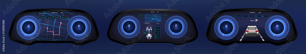 Poster Automobile dashboard, with speedometers and tachometers, GPS navigation, machine sensors and 3d protection auto. Futuristic panel auto with modern interface. Car dashboard set. Vector illustration 