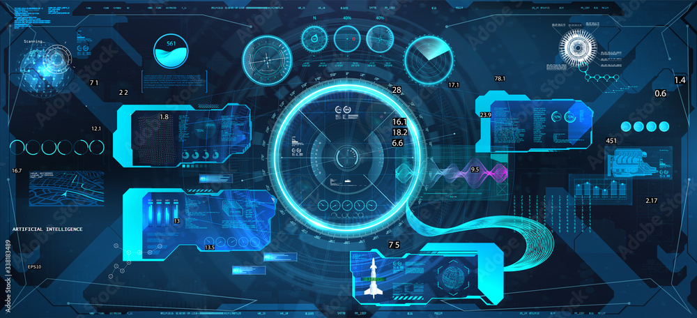 Aufkleber VR Head-up display with futuristic design. Virtual simulation for sky-fi helmet in HUD style. Futuristic User Interface Cockpit dashboard Spacecraft panel. Virtual graphic touch. Vector VR, GUI, HUD