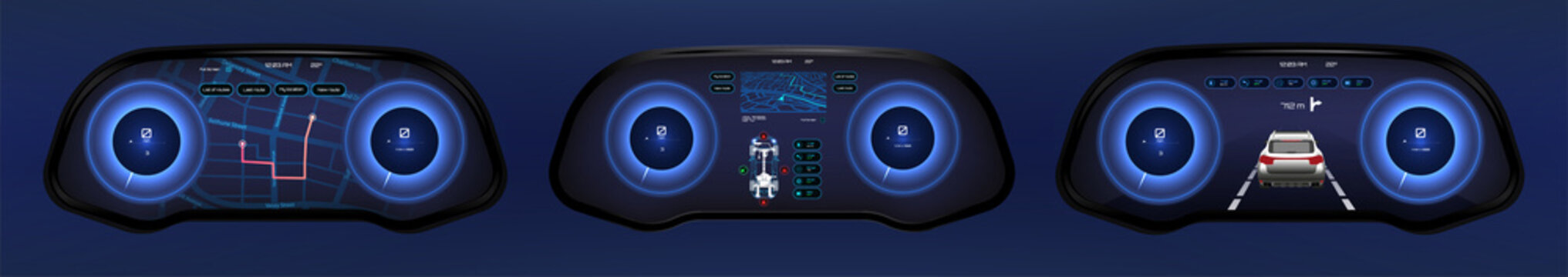 Automobile dashboard, with speedometers and tachometers, GPS navigation, machine sensors and 3d protection auto. Futuristic panel auto with modern interface. Car dashboard set. Vector illustration 