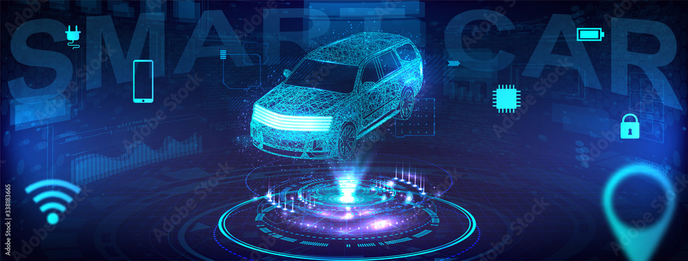 Poster smart auto banner. electric machine. autonomous car vehicle with infographic. autonomous car with ic