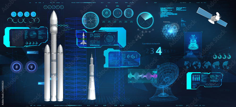 Poster Space Station Command Center. Spacecraft launch in HUD style. Cockpit interface with 3D models rockets and elements (Radars,  Spaceships, Antenna, Satellite and HUD interface) Sky-fi dashboard. Vector