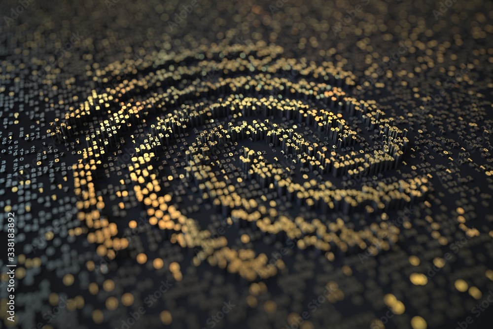 Poster golden numbers bars compose fingerprint symbol on black background. 3d rendering