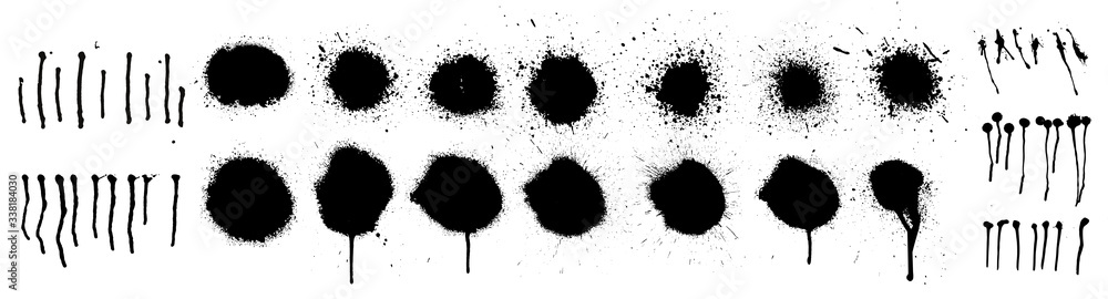 Poster spray circle texture, graffiti stencil set. lines and drips black ink splatters, ink blots set, stre