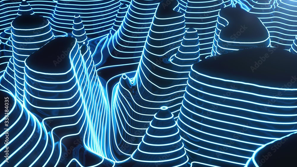 Poster abstract topographic 3d map of dangerous mountain terrain. neon contour lines on the map glow. study