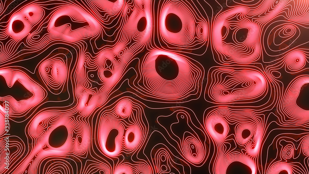 Poster abstract topographic 3d map of dangerous mountain terrain. neon contour lines on the map glow. study