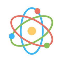 Atom icon. Physics atom model. Nucleus, proton, electron illustration. Nanotechnology symbol.